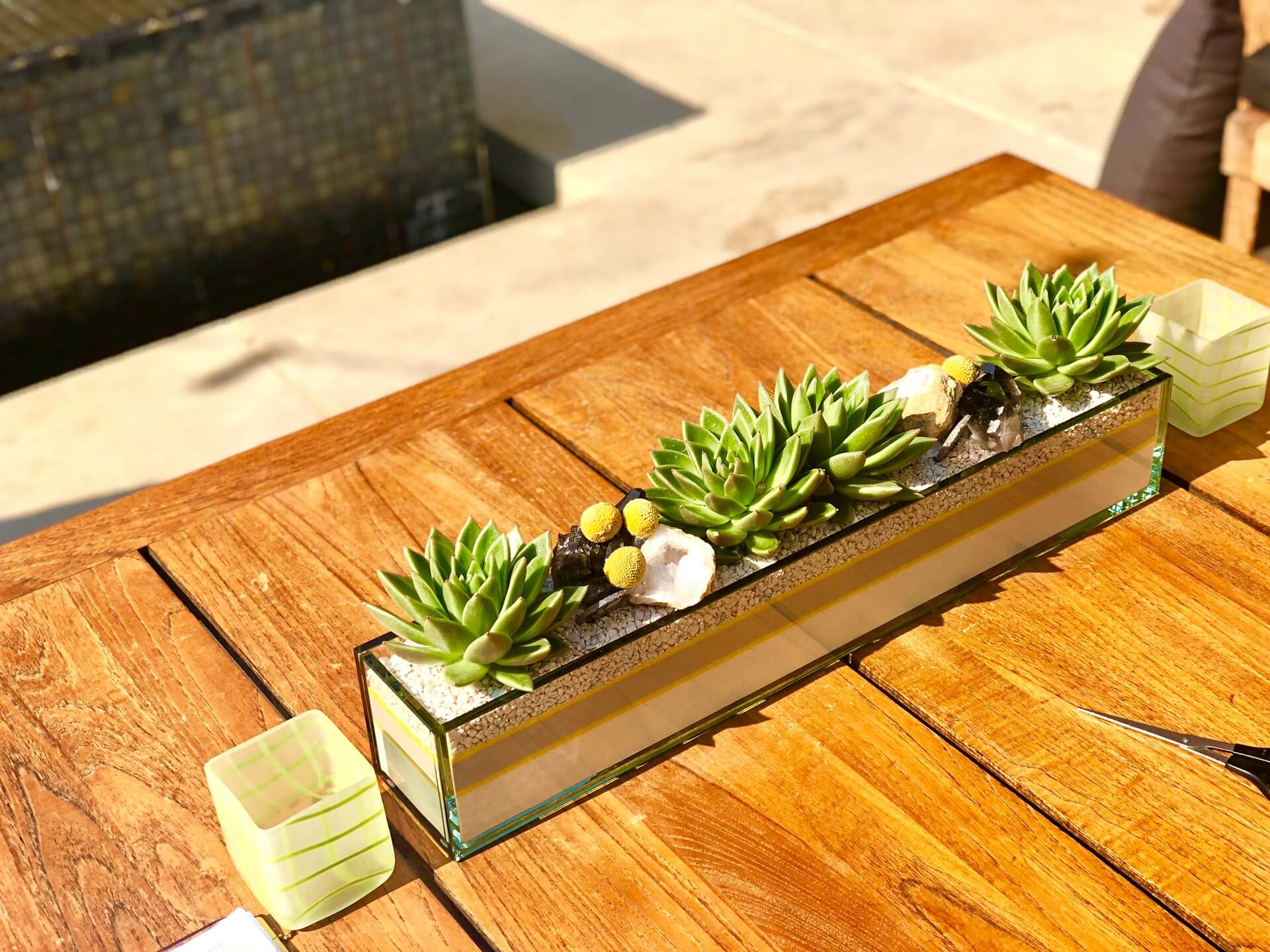 Decorative rectangular glass planter with succulents on a wooden table